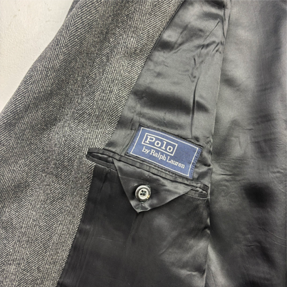 Polo Ralph Lauren 80s Grey Herringbone Paddock Coat Overcoat (Lambswool) - 44R