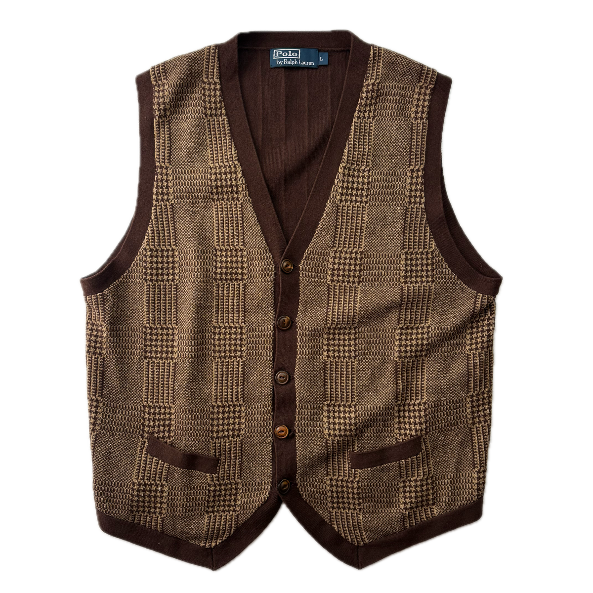 Polo Ralph Lauren Brown Tweed Glen Plaid Cardigan Vest Waistcoat (Cotton Cashmere Silk Linen) - L