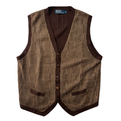 Polo Ralph Lauren Brown Tweed Glen Plaid Cardigan Vest Waistcoat (Cotton Cashmere Silk Linen) - L