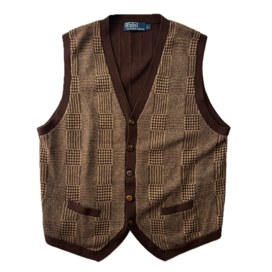 Polo Ralph Lauren Brown Tweed Glen Plaid Cardigan Vest Waistcoat (Cotton Cashmere Silk Linen) - L