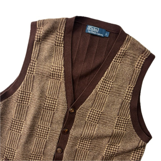Polo Ralph Lauren Brown Tweed Glen Plaid Cardigan Vest Waistcoat (Cotton Cashmere Silk Linen) - L