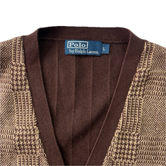 Polo Ralph Lauren Brown Tweed Glen Plaid Cardigan Vest Waistcoat (Cotton Cashmere Silk Linen) - L