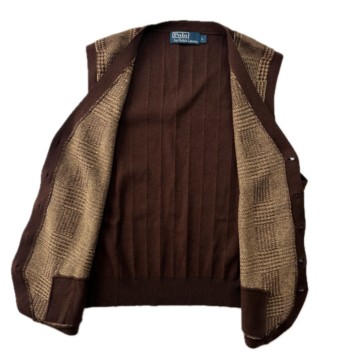 Polo Ralph Lauren Brown Tweed Glen Plaid Cardigan Vest Waistcoat (Cotton Cashmere Silk Linen) - L