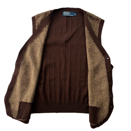 Polo Ralph Lauren Brown Tweed Glen Plaid Cardigan Vest Waistcoat (Cotton Cashmere Silk Linen) - L