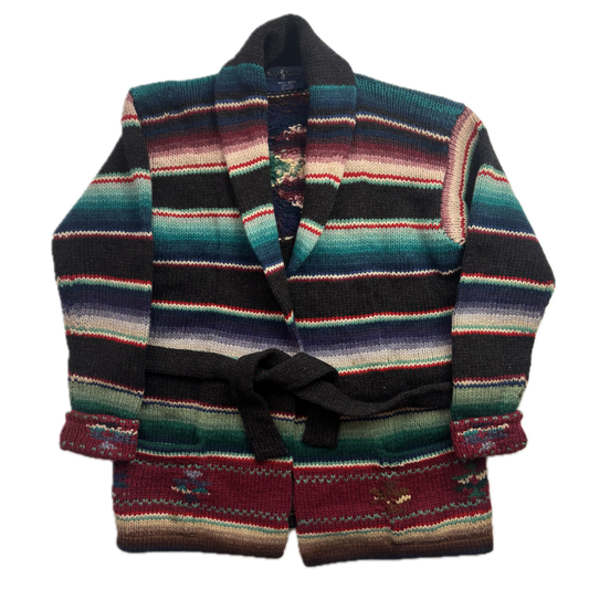 Ralph Lauren 90s Aztec Wool Cardigan Hand Knit Serape Belted - S