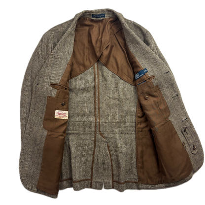 Polo Ralph Lauren Brown Herringbone Half Norfolk Blazer Sports Coat (Linen Silk Wool) - 38R