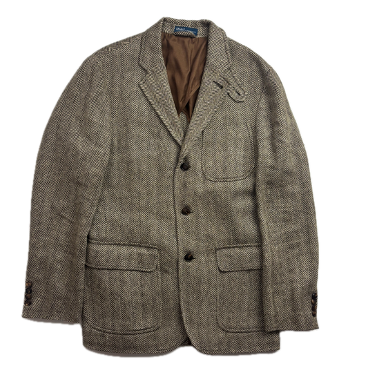Polo Ralph Lauren Brown Herringbone Half Norfolk Blazer Sports Coat (Linen Silk Wool) - 38R