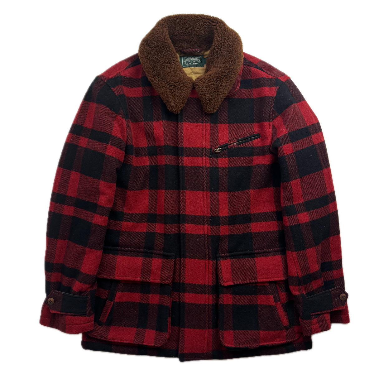 Polo Country Red Buffalo Plaid Wool Barn Jacket Shearling Collar - M