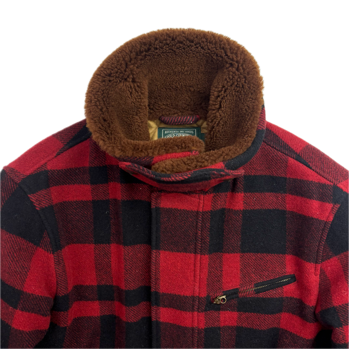 Polo Country Red Buffalo Plaid Wool Barn Jacket Shearling Collar - M