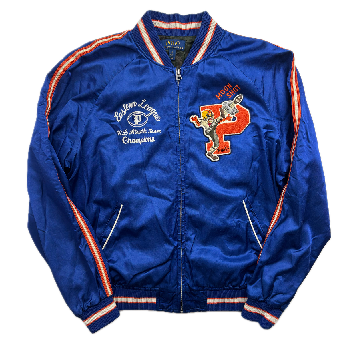 Polo Ralph Lauren Blue Satin Varsity Moon Shot Tigers Letterman Jacket - L