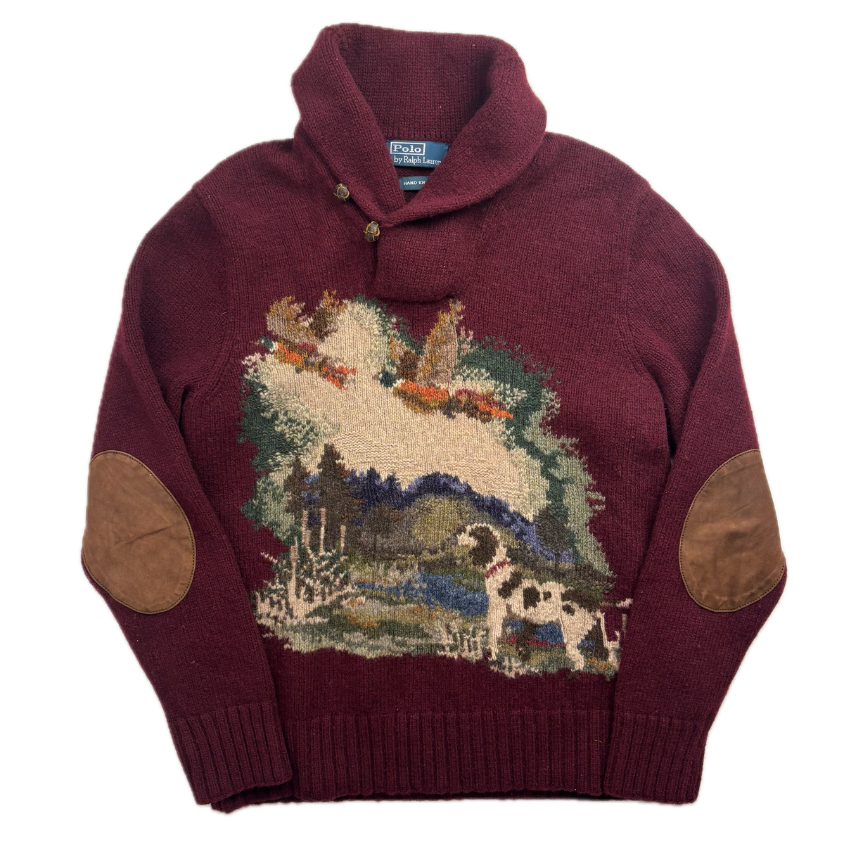 Polo Ralph Lauren Hand Knit Pheasant Dog Hunting Jumper Shawl Neck Sweater (Wool) - L (M)