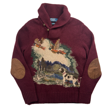 Polo Ralph Lauren Hand Knit Pheasant Dog Hunting Jumper Shawl Neck Sweater (Wool) - L (M)