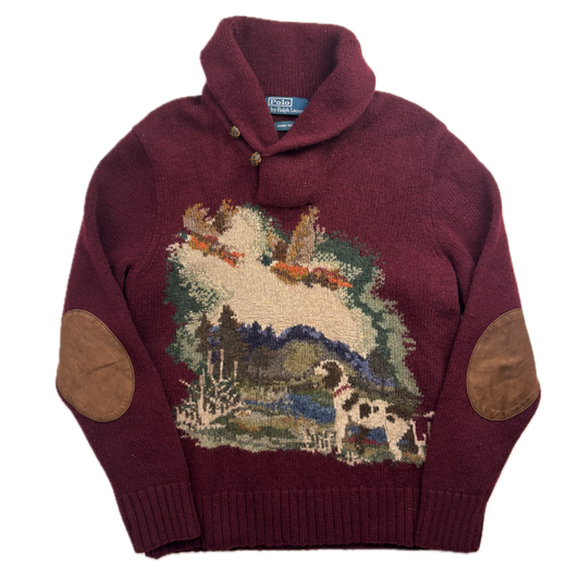 Polo Ralph Lauren Hand Knit Pheasant Dog Hunting Jumper Shawl Neck Sweater (Wool) - L (M)