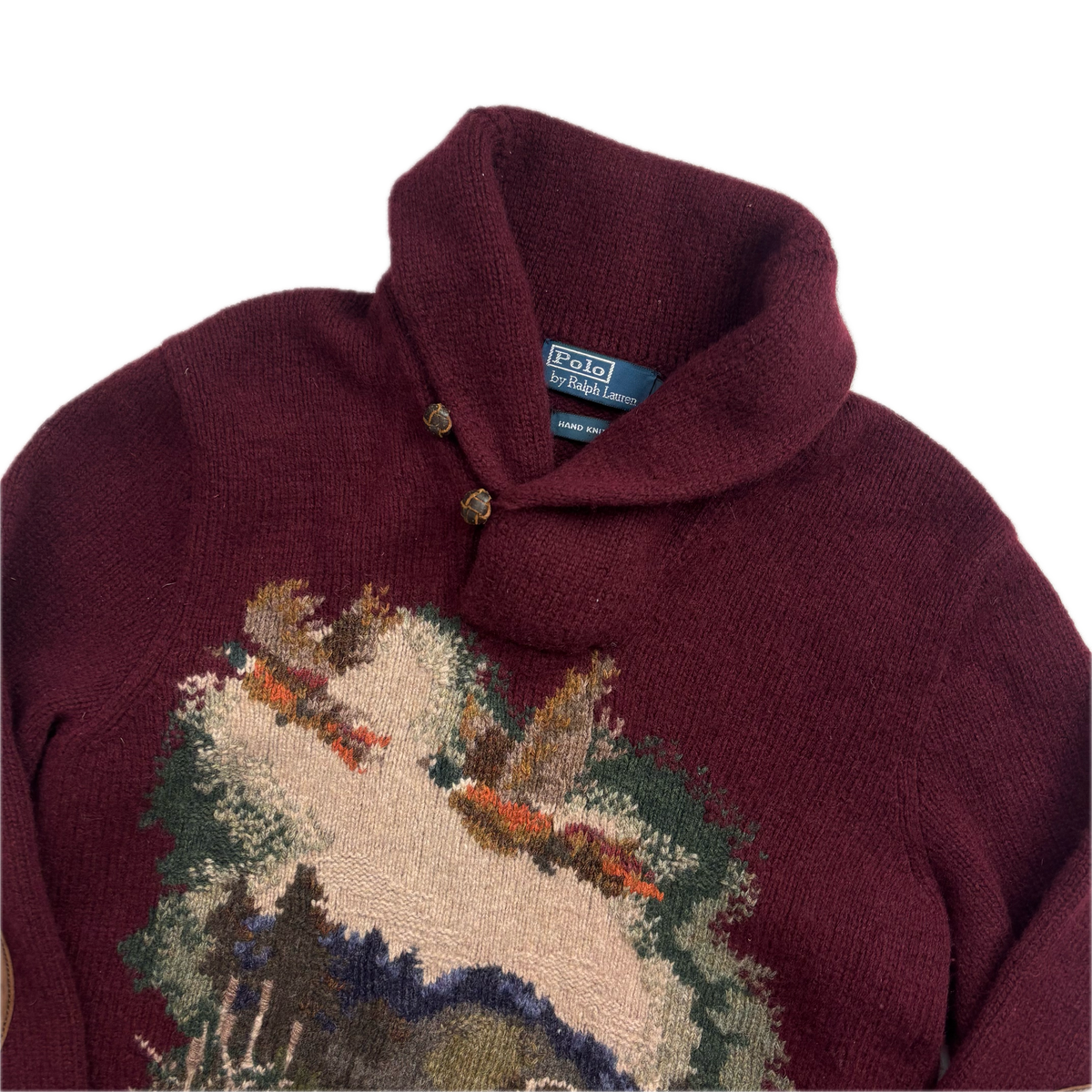 Polo Ralph Lauren Hand Knit Pheasant Dog Hunting Jumper Shawl Neck Sweater (Wool) - L (M)