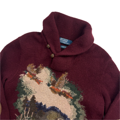 Polo Ralph Lauren Hand Knit Pheasant Dog Hunting Jumper Shawl Neck Sweater (Wool) - L (M)