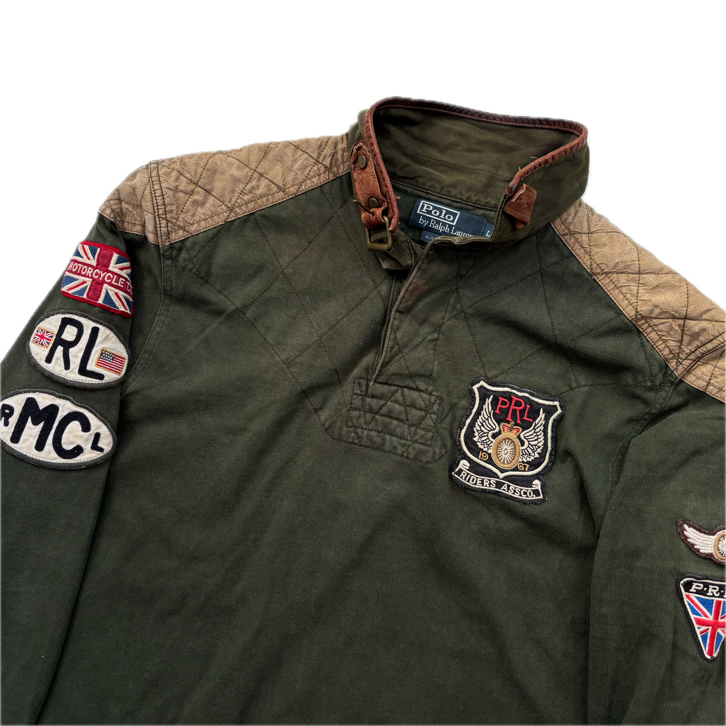 Polo Ralph Lauren Riders Association Motorcycle Polo Shirt Leather Collar - L