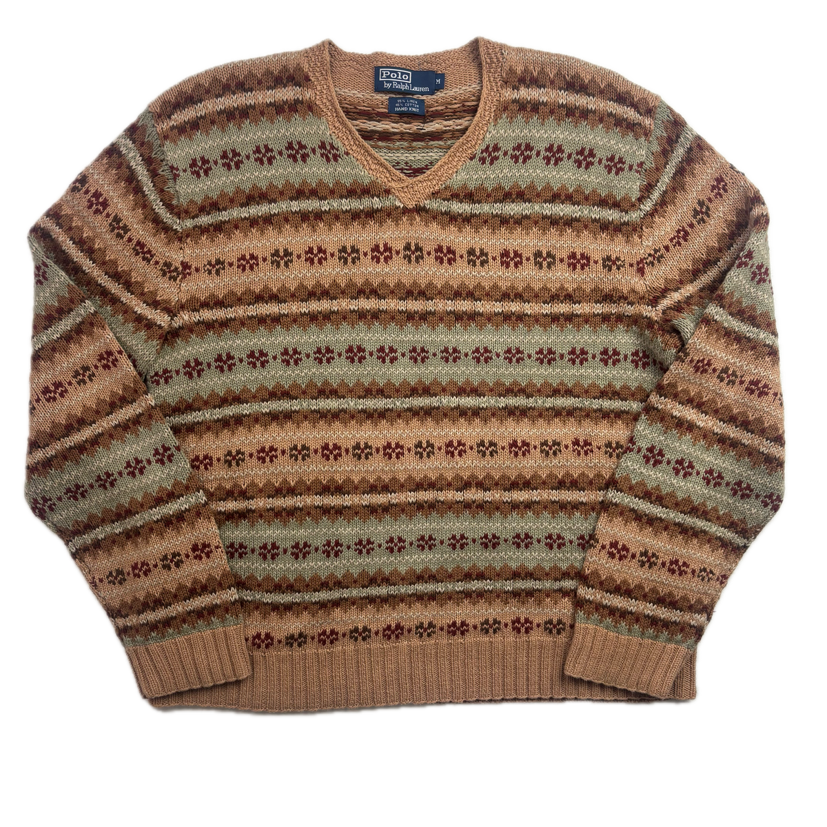 Polo Ralph Lauren Fairisle Jumper V-Neck Hand Knit Sweater (Linen Cotton) - M