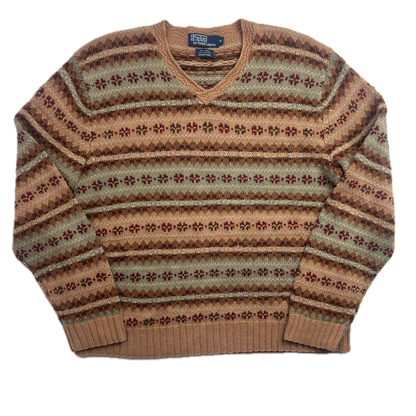 Polo Ralph Lauren Fairisle Jumper V-Neck Hand Knit Sweater (Linen Cotton) - M
