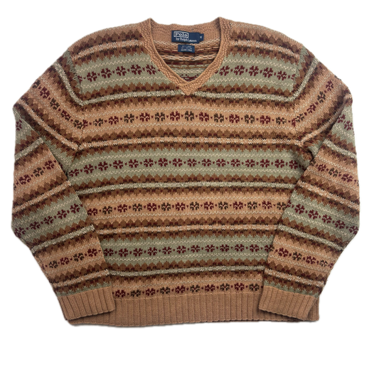 Polo Ralph Lauren Fairisle Jumper V-Neck Hand Knit Sweater (Linen Cotton) - M
