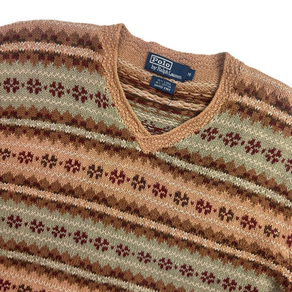 Polo Ralph Lauren Fairisle Jumper V-Neck Hand Knit Sweater (Linen Cotton) - M