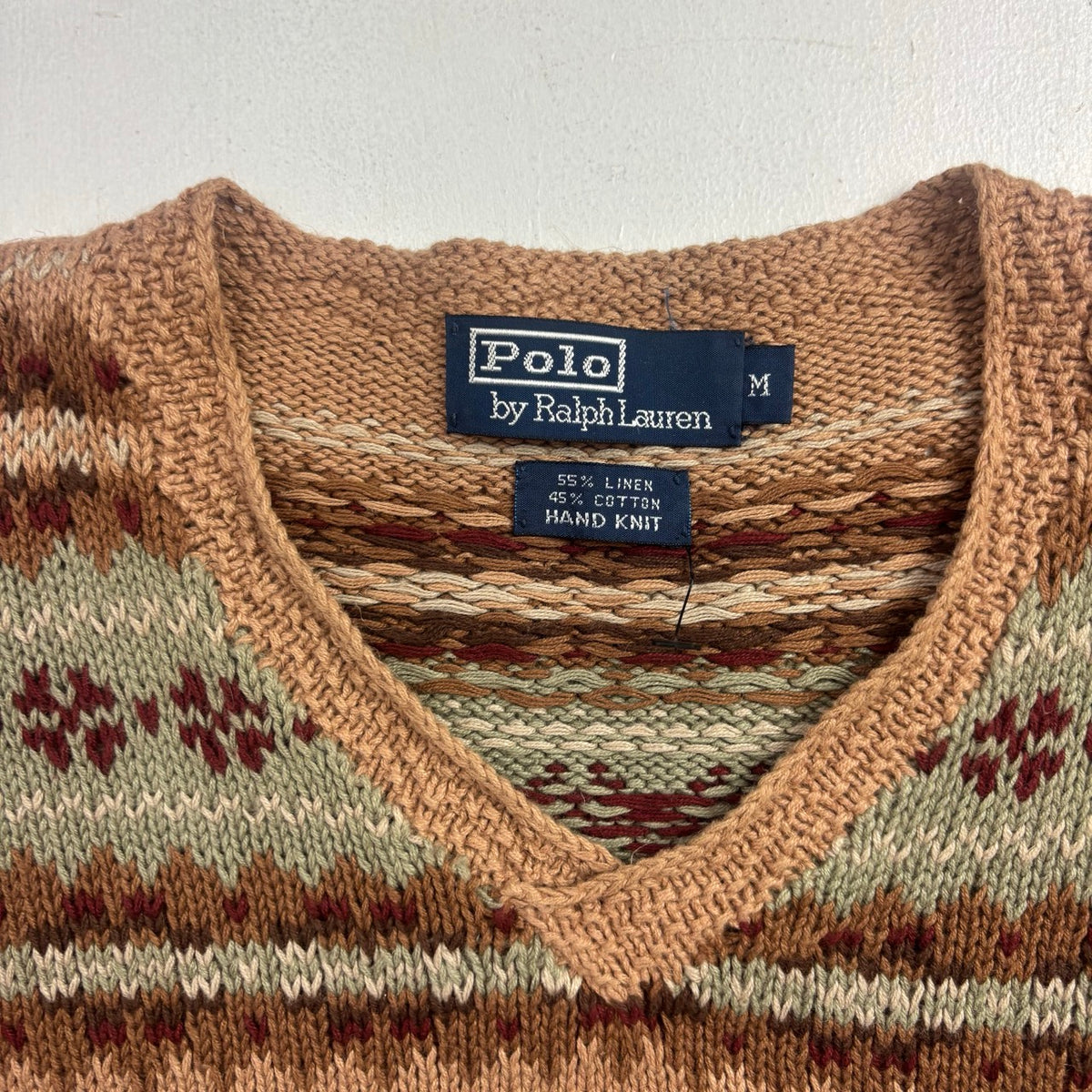 Polo Ralph Lauren Fairisle Jumper V-Neck Hand Knit Sweater (Linen Cotton) - M