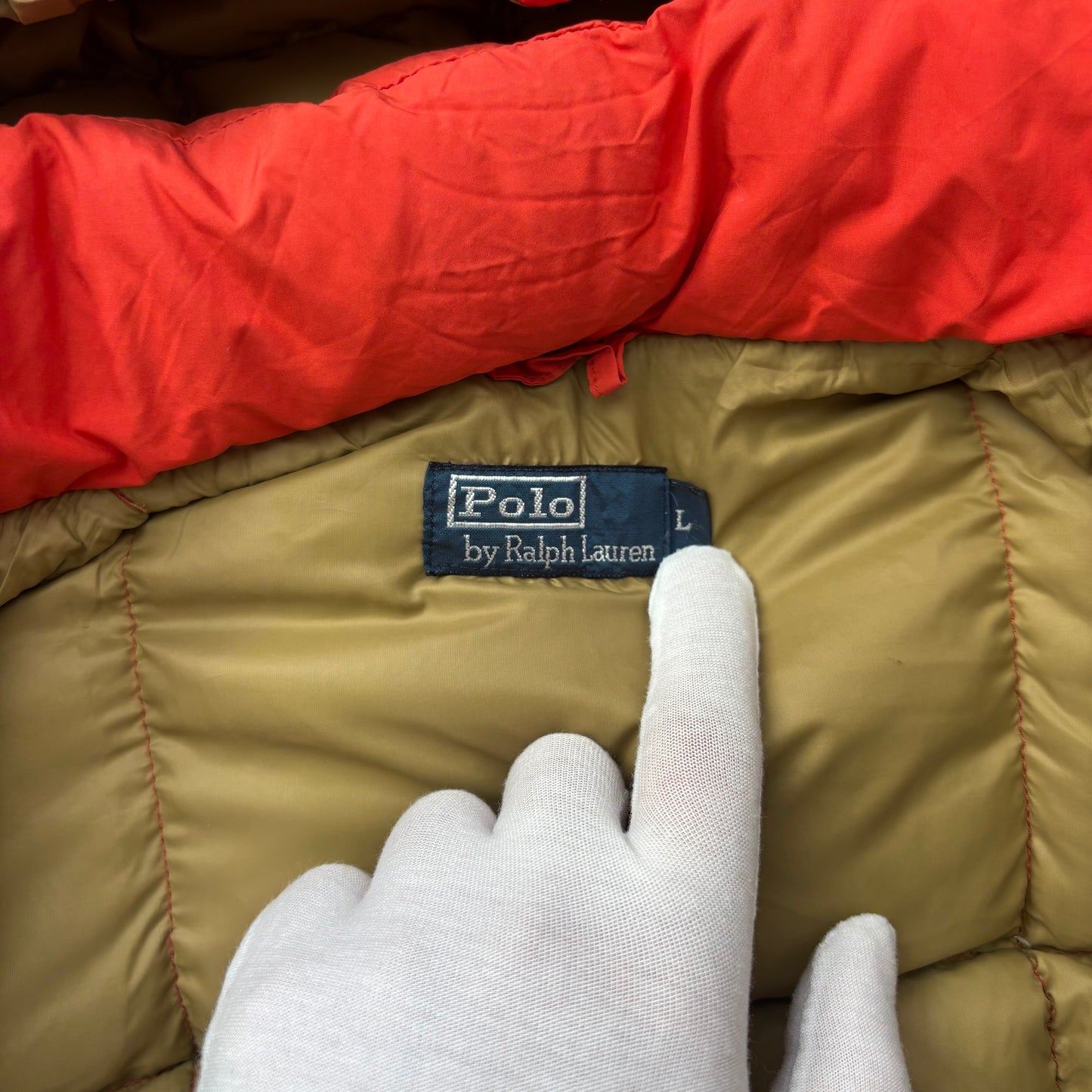 Polo Ralph Lauren Orange USA Patch Puffer Jacket Hooded Down Coat - L (M)