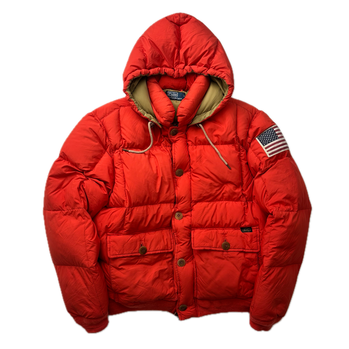 Polo Ralph Lauren Orange USA Patch Puffer Jacket Hooded Down Coat - L (M)