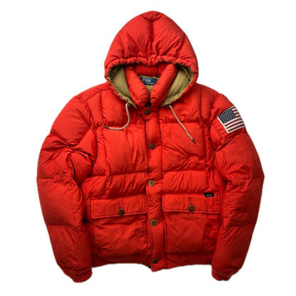 Polo Ralph Lauren Orange USA Patch Puffer Jacket Hooded Down Coat - L (M)