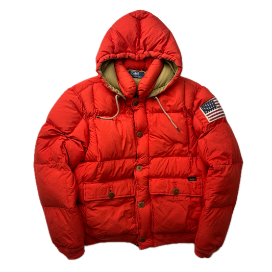 Polo Ralph Lauren Orange USA Patch Puffer Jacket Hooded Down Coat - L (M)