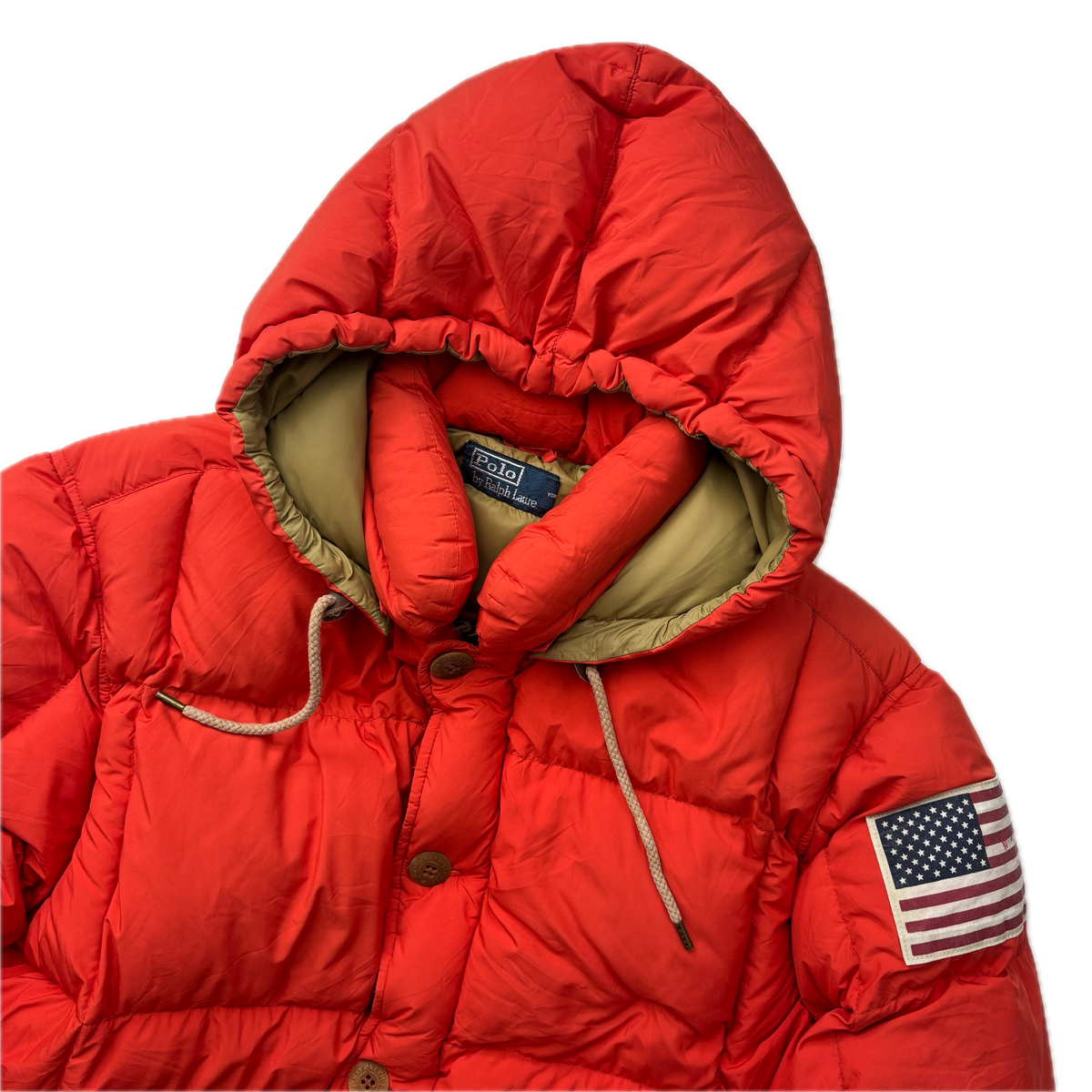 Polo Ralph Lauren Orange USA Patch Puffer Jacket Hooded Down Coat - L (M)