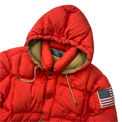 Polo Ralph Lauren Orange USA Patch Puffer Jacket Hooded Down Coat - L (M)