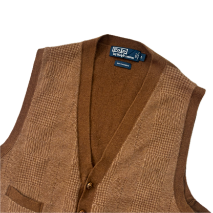 Polo Ralph Lauren Brown Tweed Glen Plaid Waistcoat (Cashmere) - L