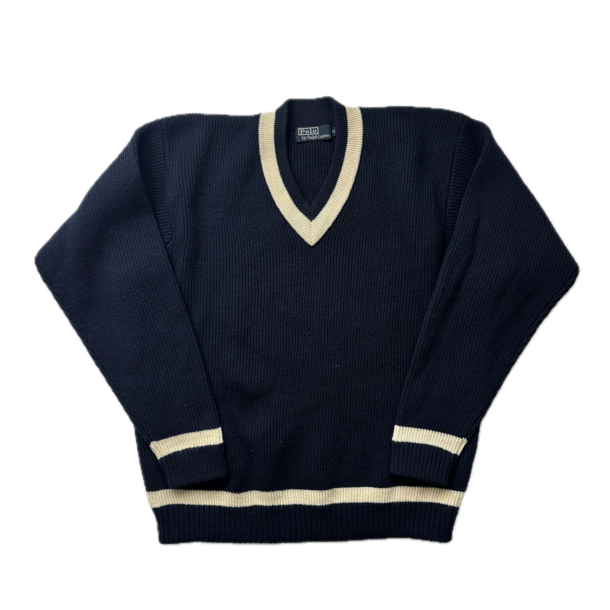 Polo Ralph Lauren Navy V-Neck Ribbed Cricket Jumper (Wool) - XL