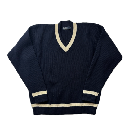 Polo Ralph Lauren Navy V-Neck Ribbed Cricket Jumper (Wool) - XL
