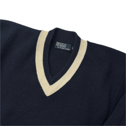 Polo Ralph Lauren Navy V-Neck Ribbed Cricket Jumper (Wool) - XL