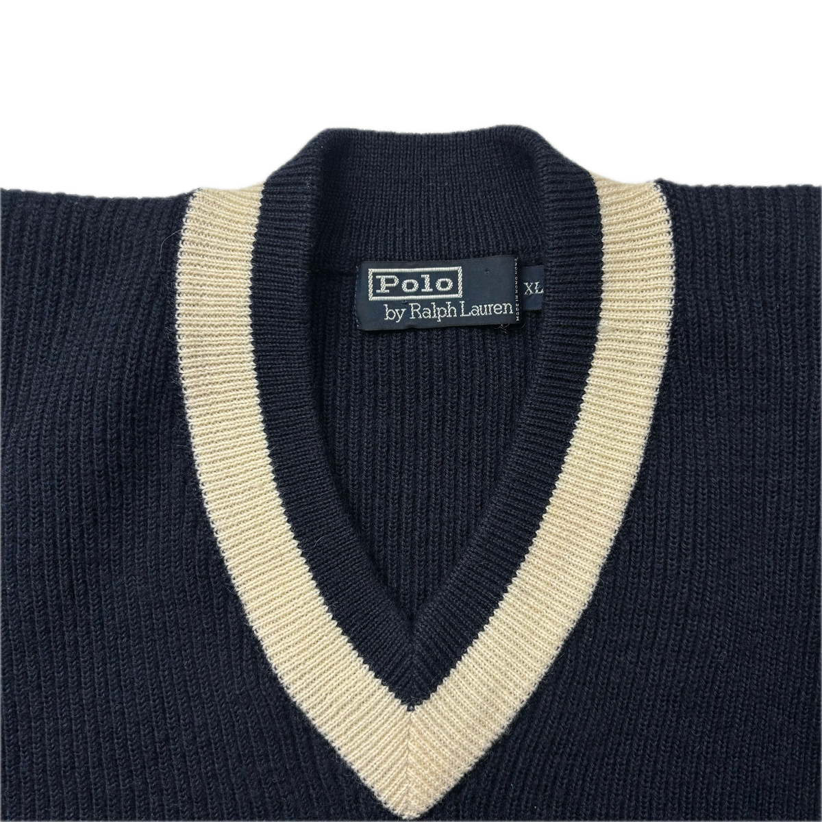 Polo Ralph Lauren Navy V-Neck Ribbed Cricket Jumper (Wool) - XL
