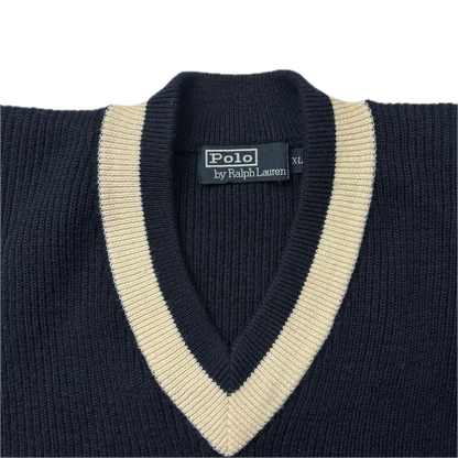 Polo Ralph Lauren Navy V-Neck Ribbed Cricket Jumper (Wool) - XL