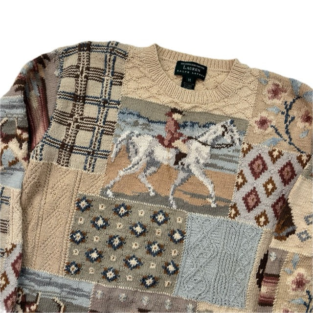 Lauren Hand Knit Patchwork Equestrian Jumper (Cotton Linen) - M
