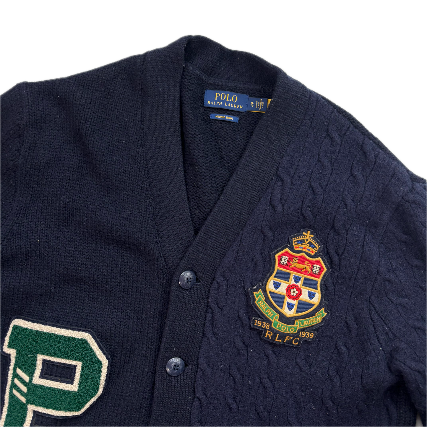 Polo Ralph Lauren Varsity Cardigan Navy Patchwork Cable-Knit Cardigan (Wool) - XL