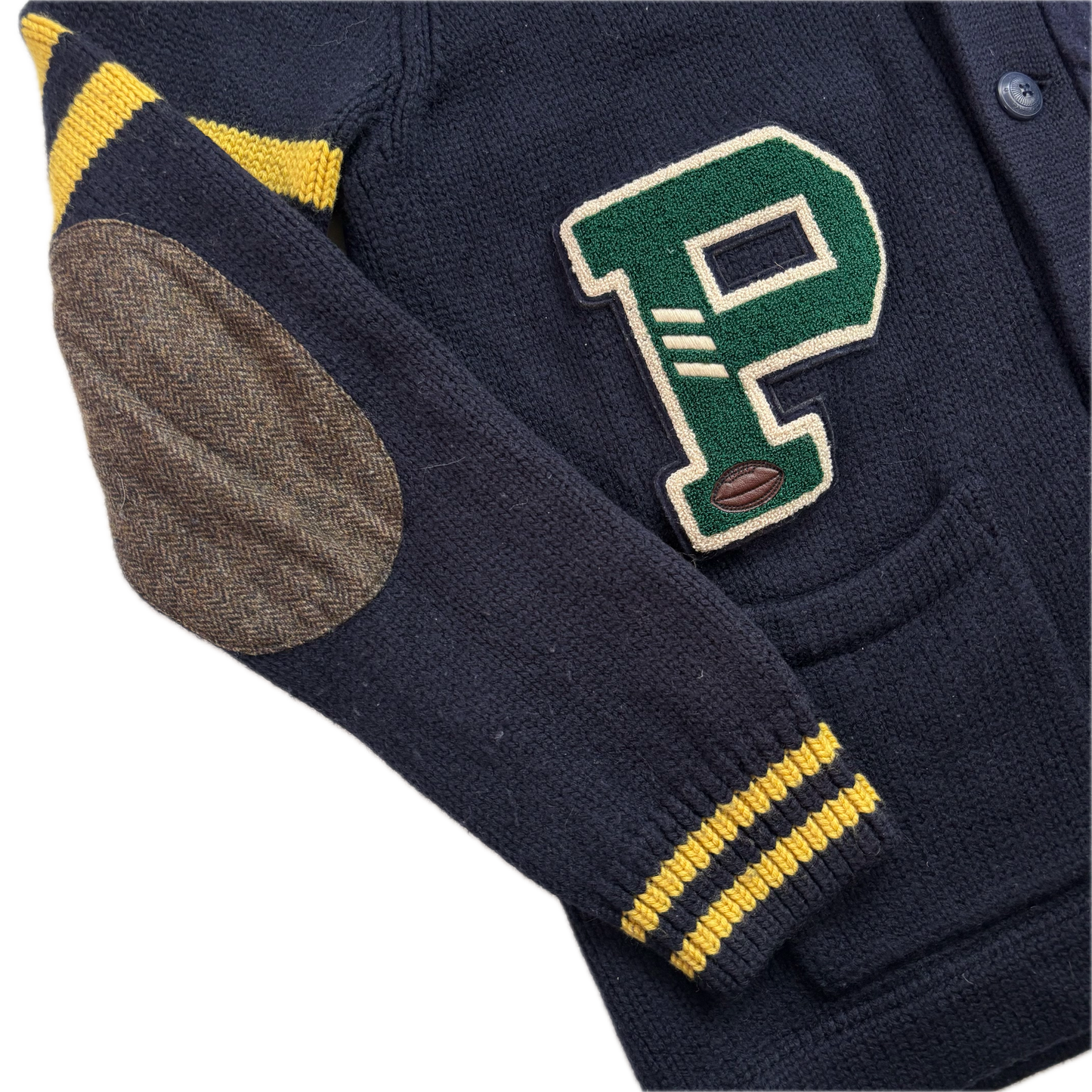 Polo Ralph Lauren Varsity Cardigan Navy Patchwork Cable-Knit Cardigan (Wool) - XL