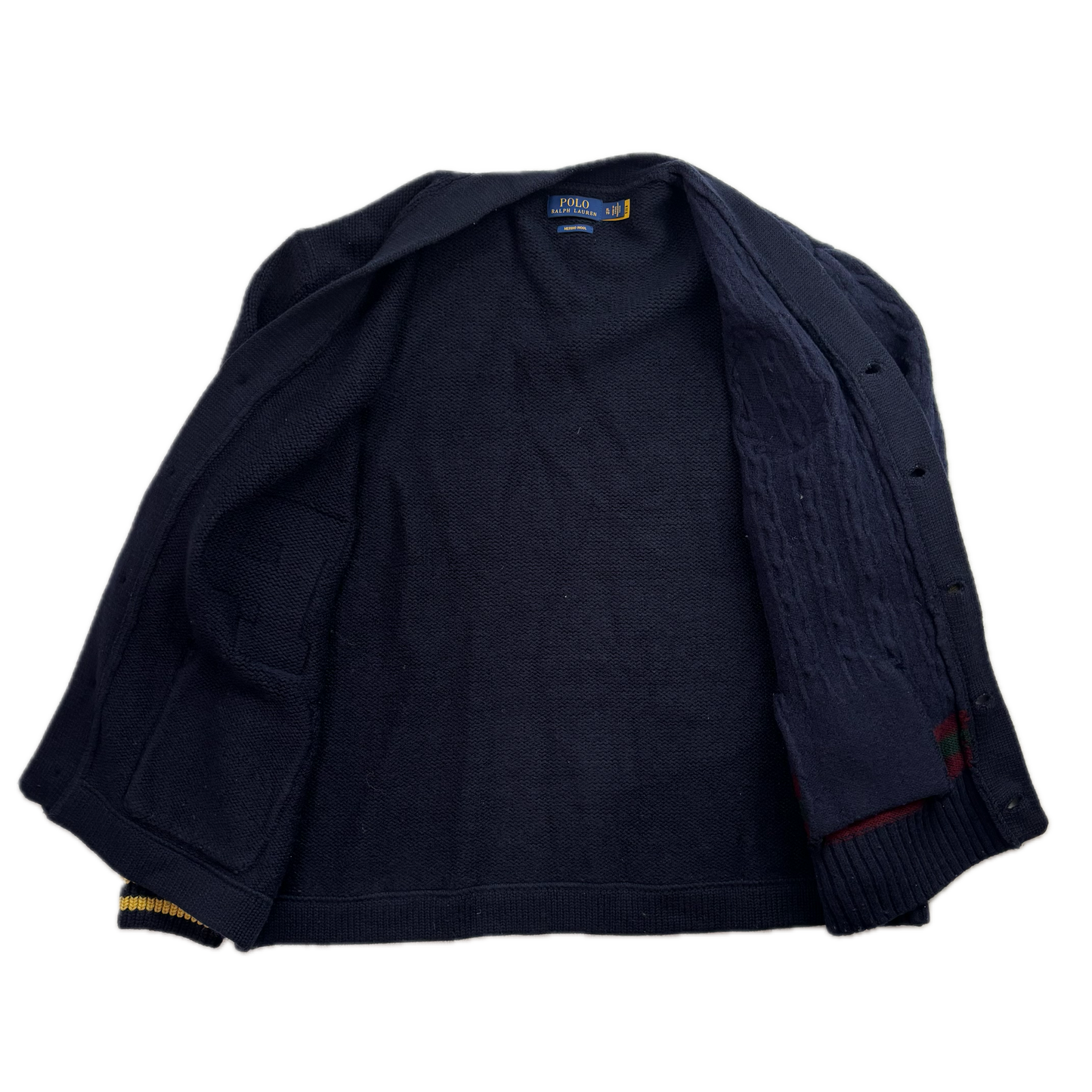 Polo Ralph Lauren Varsity Cardigan Navy Patchwork Cable-Knit Cardigan (Wool) - XL