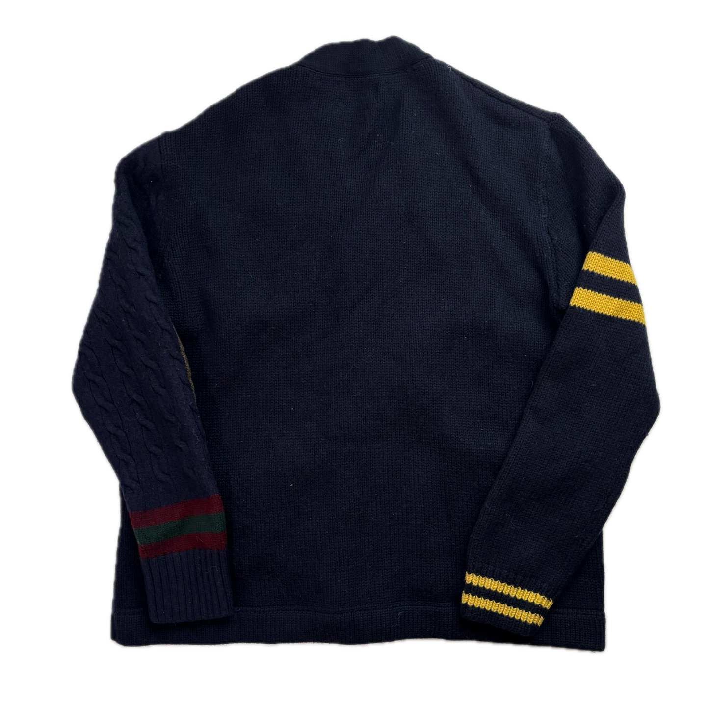 Polo Ralph Lauren Varsity Cardigan Navy Patchwork Cable-Knit Cardigan (Wool) - XL