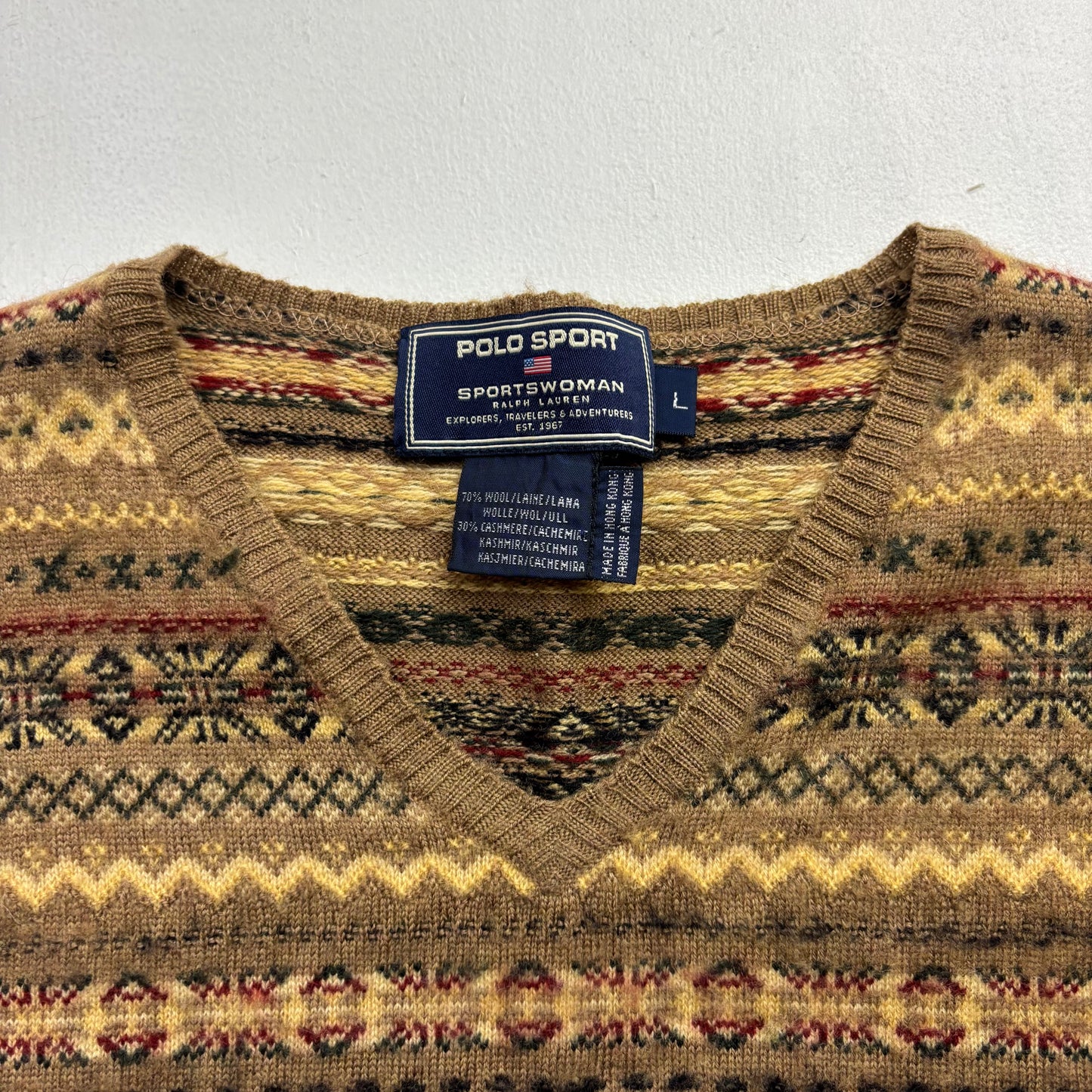 Ralph Lauren Polo Sportswoman Fairisle Jumper V-Neck Hand Knit Sweater (Wool Cashmere) - L