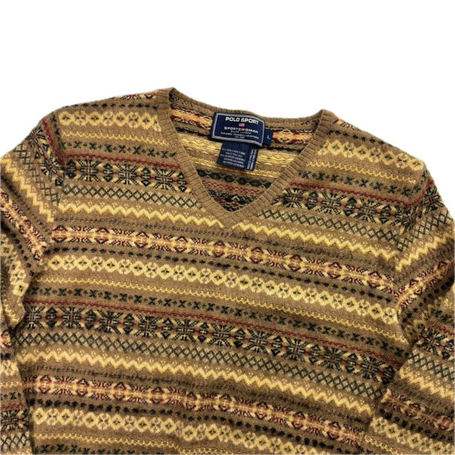 Ralph Lauren Polo Sportswoman Fairisle Jumper V-Neck Hand Knit Sweater (Wool Cashmere) - L
