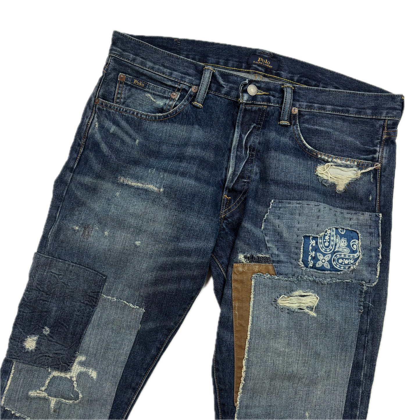 Polo Ralph Lauren Varick Slim Straight Jeans Patchwork Distressed - 33x32