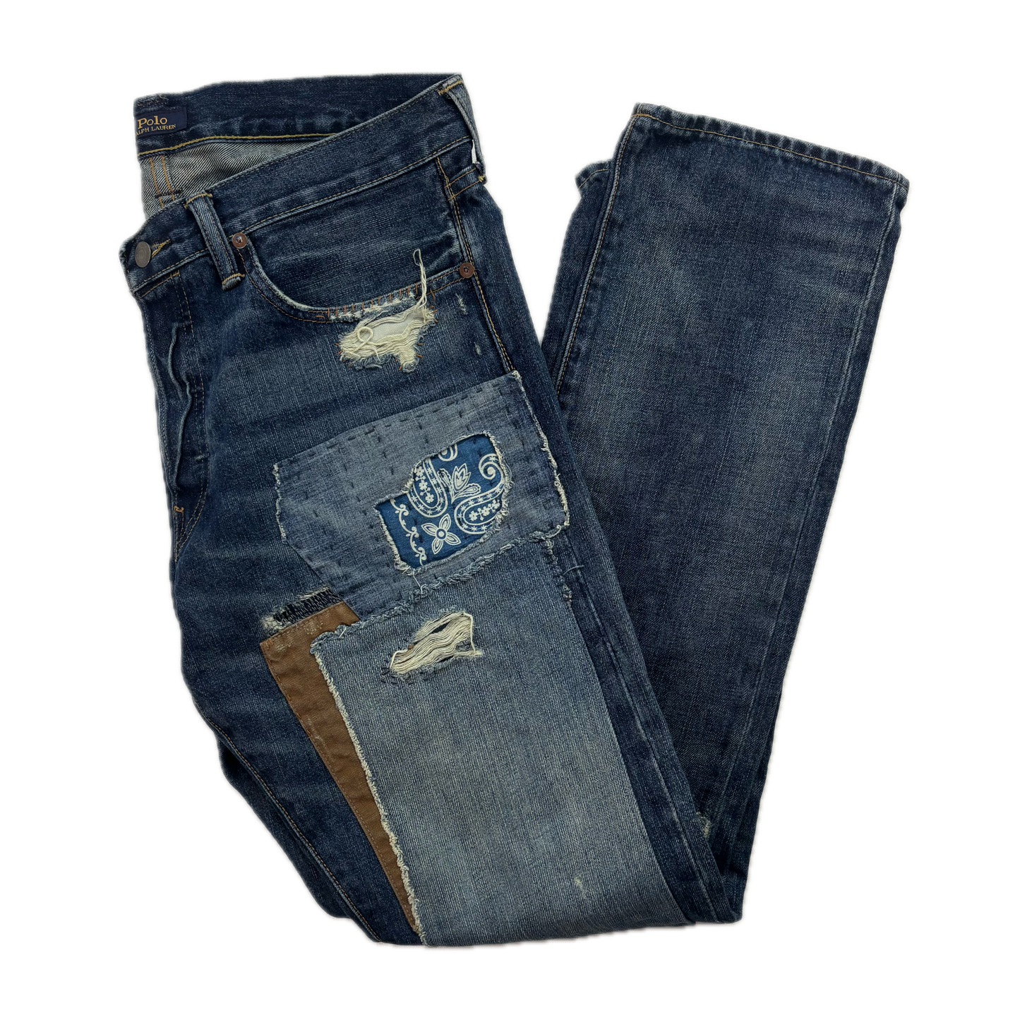 Polo Ralph Lauren Varick Slim Straight Jeans Patchwork Distressed - 33x32