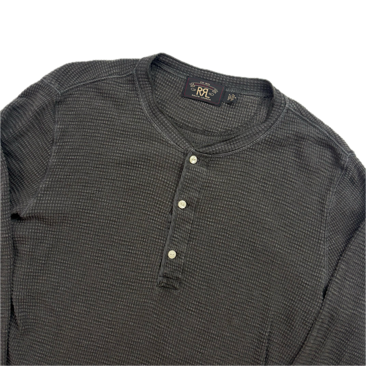 RRL Ralph Lauren Grey Waffle Knit Henley Shirt - M