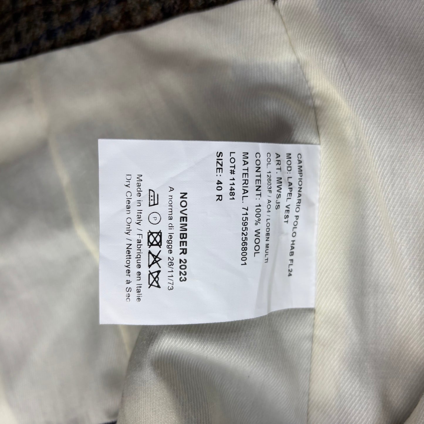 Polo Ralph Lauren Green Brown Tweed Lapel Vest Waistcoat (Wool) - 40R