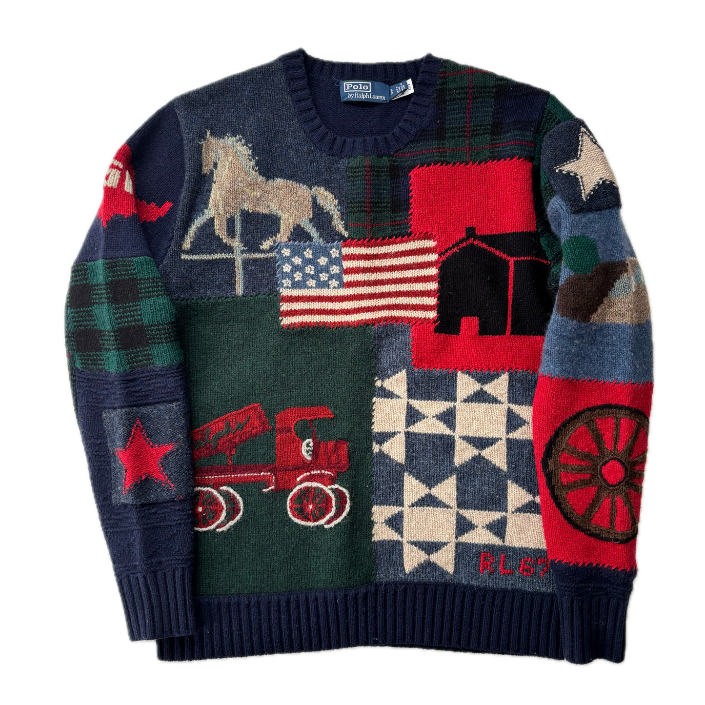 Polo Ralph Lauren Patchwork USA Flag Jumper Shawl Neck Sweater (Wool) - S