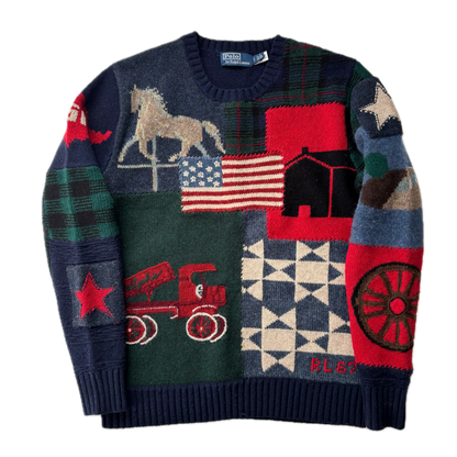 Polo Ralph Lauren Patchwork USA Flag Jumper Shawl Neck Sweater (Wool) - S